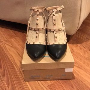 Leuven Alexander Black and Nude “Rockstud” Heels